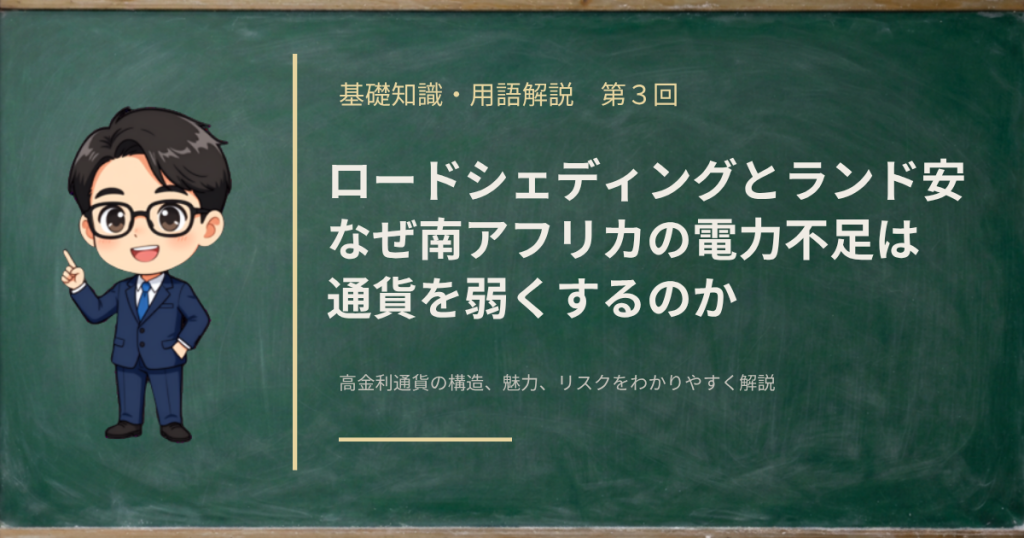 南アフリカの電力不足（ロードシェディング）がランド安につながる仕組みを解説する記事のアイキャッチ画像