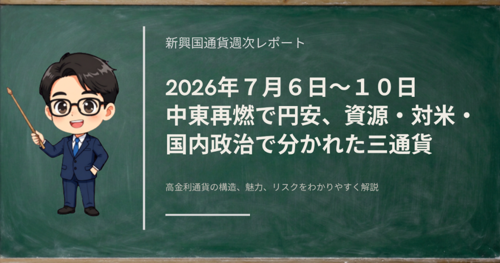 2026年7月第2週（7/6〜10）のランド円・ペソ円・リラ円の三通貨を横並びで振り返る新興国通貨の週次レポート記事のアイキャッチ画像