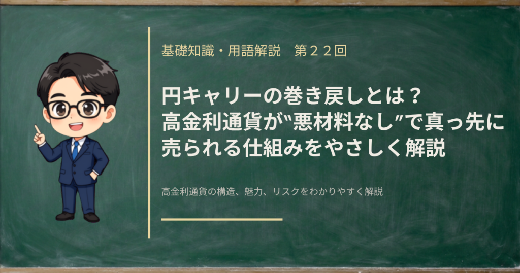 円キャリーの巻き戻しで、高金利通貨が悪材料なしに真っ先に売られる仕組みを解説する記事のアイキャッチ画像