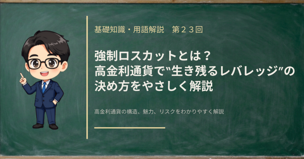 高金利通貨で強制ロスカットを避けるために、レバレッジを「何円の下落に耐えられるか」に翻訳して決める考え方を解説する記事のアイキャッチ画像