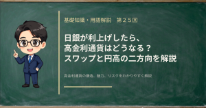 日銀の利上げが高金利通貨に与える影響を、スワップの金利差が縮む効果と円高の二方向に分けて解説する記事のアイキャッチ画像