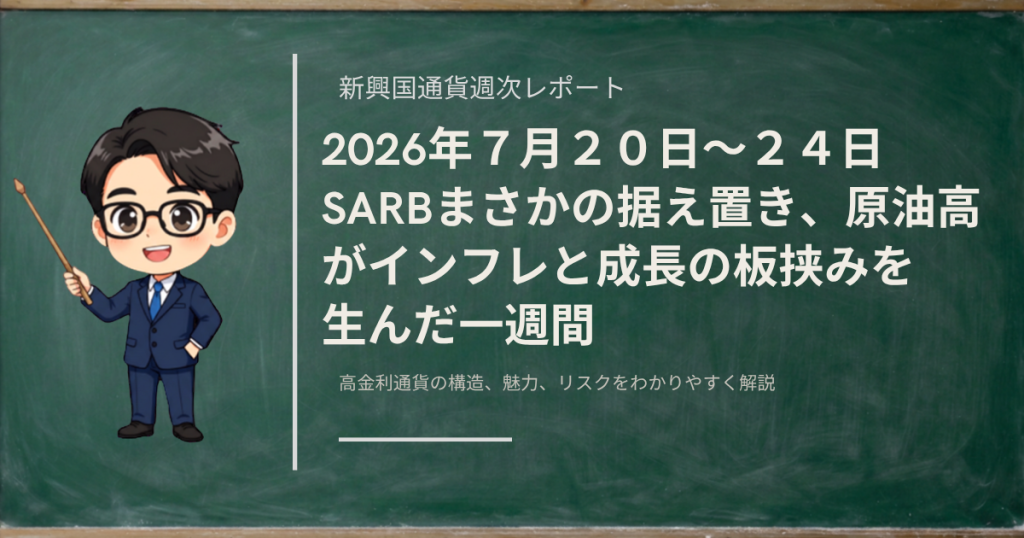 2026年7月第4週（7/20〜24）のランド円・ペソ円・リラ円を、SARBのサプライズ据え置きと原油高による「インフレは上がるのに中銀は動けない」板挟みから振り返る新興国通貨の週次レポート記事のアイキャッチ画像