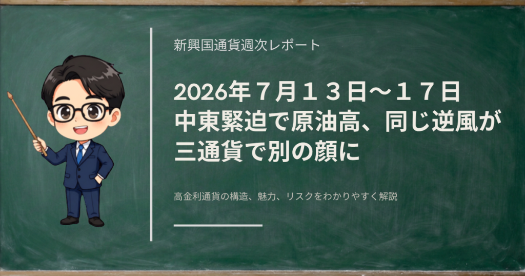 2026年7月第3週（7/13〜17）のランド円・ペソ円・リラ円を、中東緊迫による原油高が三通貨で別の顔に出た点から振り返る新興国通貨の週次レポート記事のアイキャッチ画像