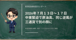 2026年7月第3週（7/13〜17）のランド円・ペソ円・リラ円を、中東緊迫による原油高が三通貨で別の顔に出た点から振り返る新興国通貨の週次レポート記事のアイキャッチ画像