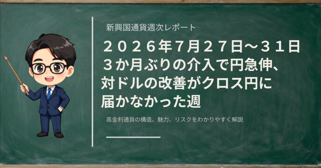 3か月ぶりの円買い介入で円が急伸した一週間の新興国通貨を振り返る週次レポートのアイキャッチ画像