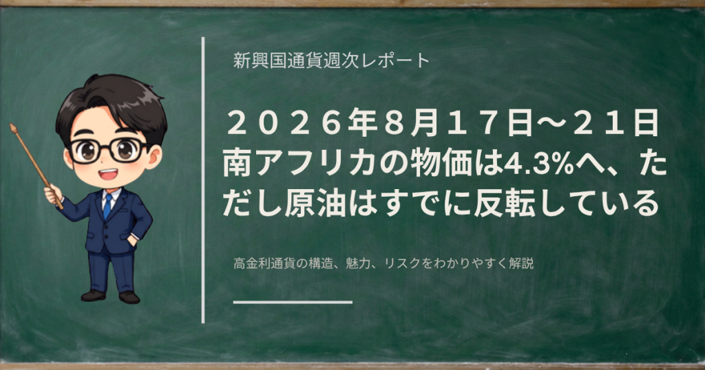 2026年8月17日から21日の新興国通貨の値動きを、原油の反転を軸にランド・ペソ・リラの3通貨でまとめた週次レポートのアイキャッチ画像