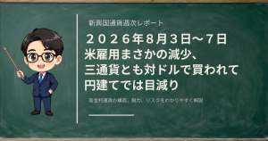 米雇用統計の急失速で三通貨が対ドルで買われながら円建てでは目減りした一週間を振り返る週次レポートのアイキャッチ画像