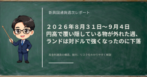 円高で三通貨が下落する一方、ランドが対ドルでは強くなった一週間をまとめた週次レポートのアイキャッチ画像